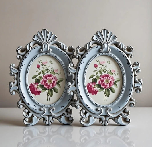 Belleflora Vintage Floral Photo Frame | Handcrafted Blue Wooden Oval Frame for Home Décor