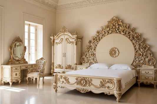 Ornate Ivory & Gold Bedroom Set with Hand-Carved Detailing| Italian Baroque Style |Made to Order |