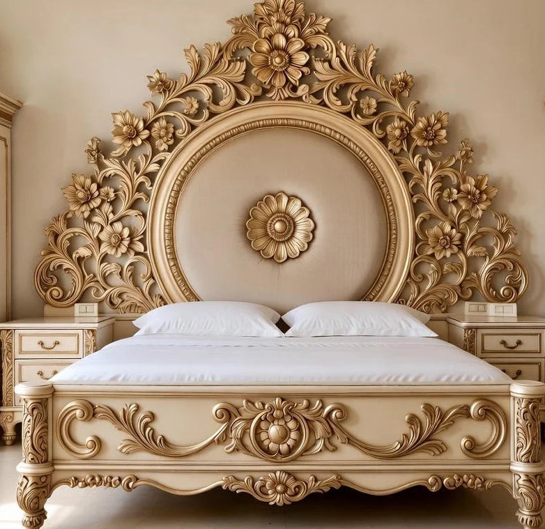 Ornate Ivory & Gold Bedroom Set with Hand-Carved Detailing| Italian Baroque Style |Made to Order |