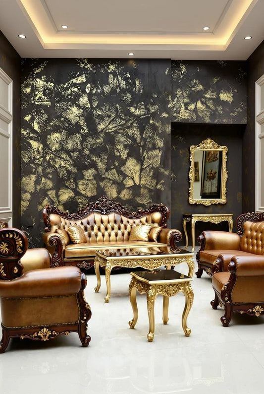 Italian Grand Baroque "Tobacco & Gold" Sofa Set | Massive Deep Carved Teak Wood | High Back Velvet Throne Furniture