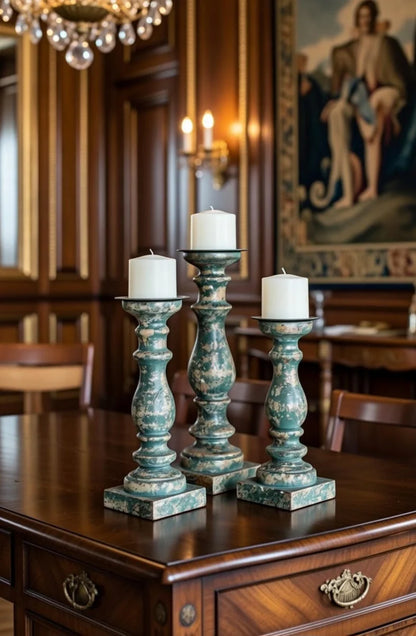 Vintage Teal Green Pillar Candle Holders Set of 3 - Distressed Gold Patina Tall Stands