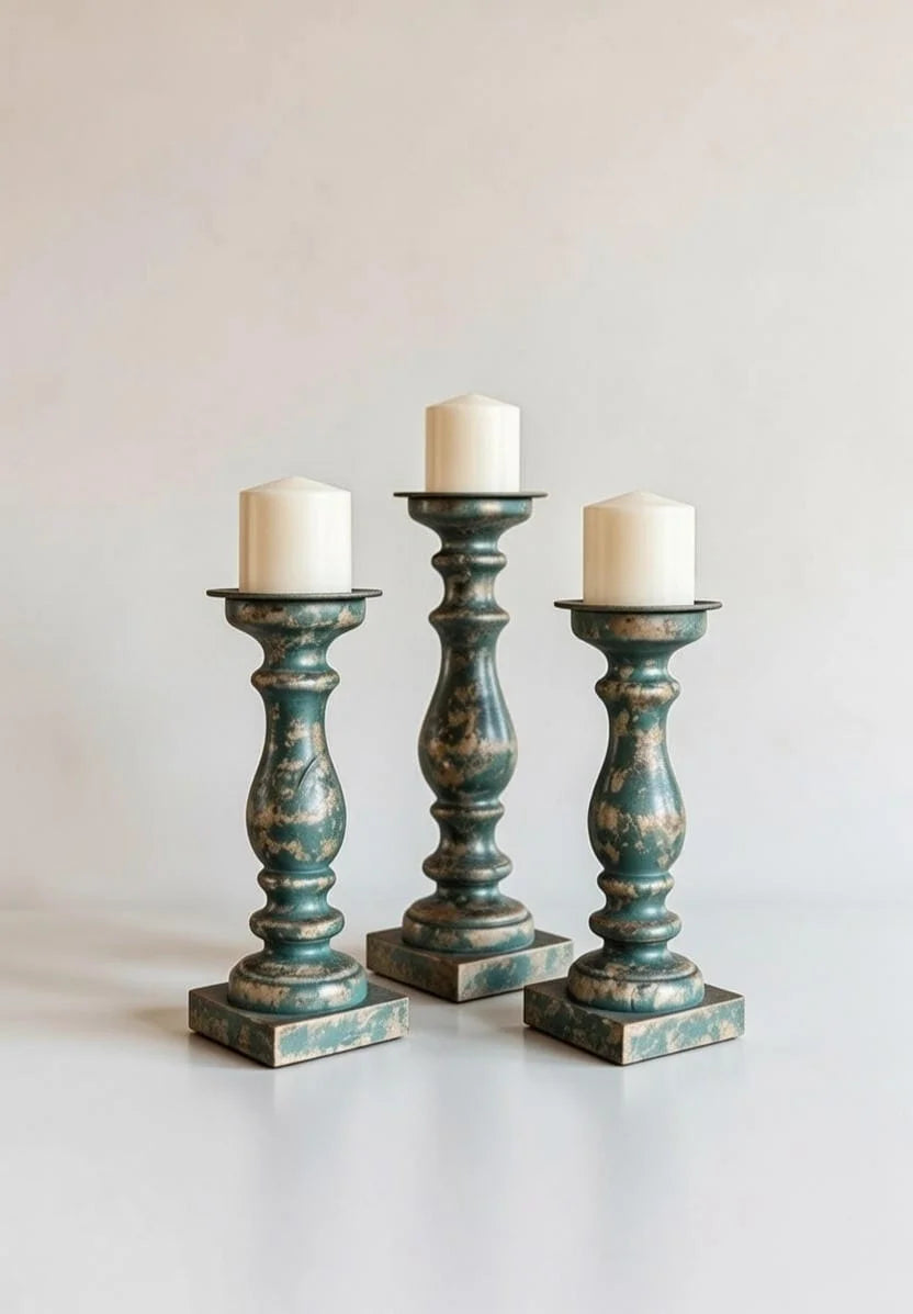 Vintage Teal Green Pillar Candle Holders Set of 3 - Distressed Gold Patina Tall Stands