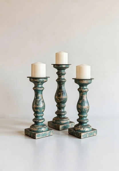 Vintage Teal Green Pillar Candle Holders Set of 3 - Distressed Gold Patina Tall Stands