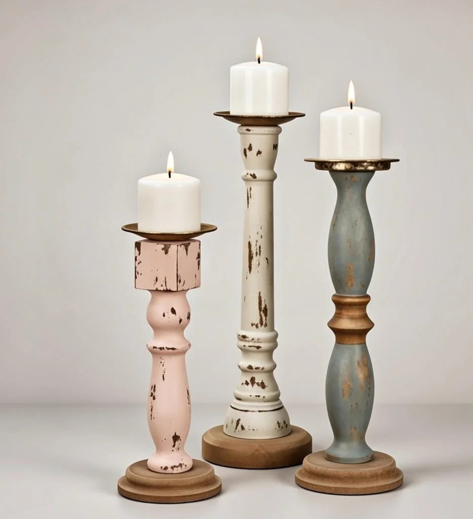 Multicolored Distressed Wooden Candlestick Holders Set of 3 - Pastel Farmhouse Pillar Candlesticks