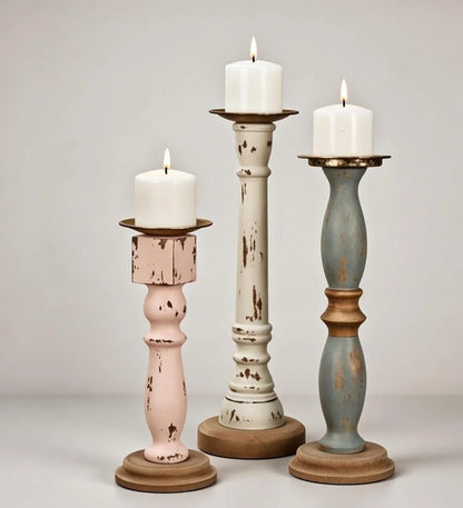 Multicolored Distressed Wooden Candlestick Holders Set of 3 - Pastel Farmhouse Pillar Candlesticks