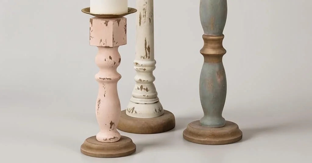 Multicolored Distressed Wooden Candlestick Holders Set of 3 - Pastel Farmhouse Pillar Candlesticks