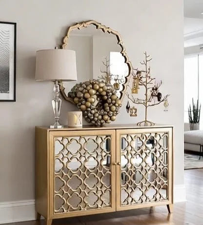 Lunara Gold Sideboard Cabinet | Mirrored Wooden Sideboard with Luxury Lattice Design for Living Room