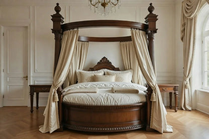 Front view of a grand imperial round four-poster canopy bed made of solid wood with ornate fluted pillars.