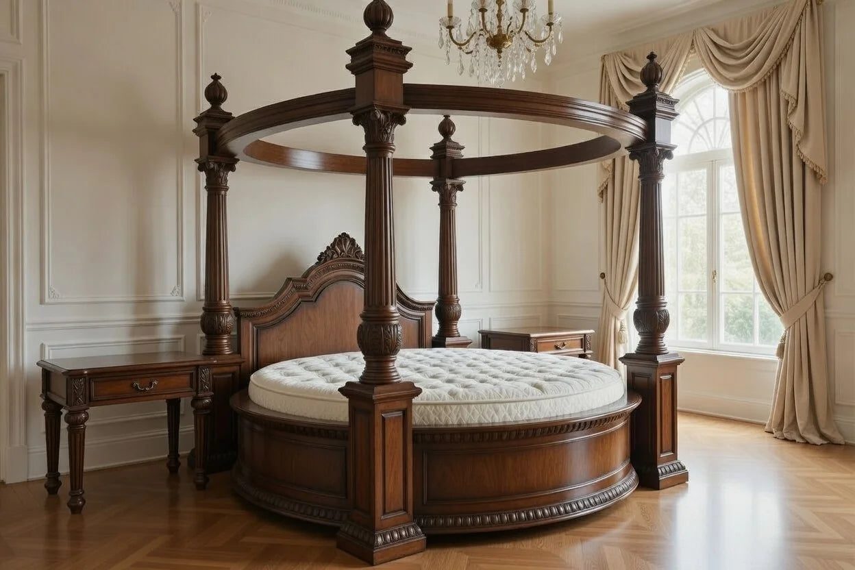 Side view of a circular 4-poster bed frame featuring a hand-carved wood finish and integrated canopy rail.