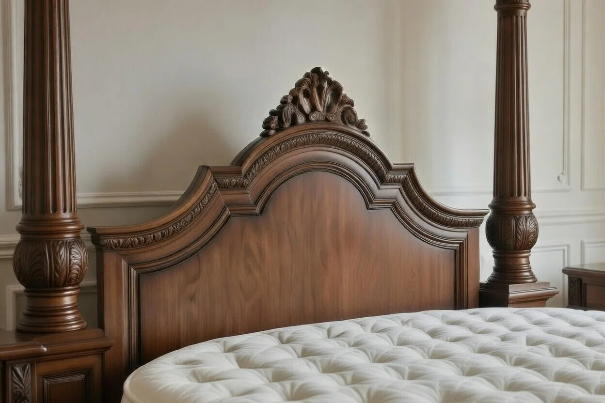 Close-up of a hand-carved antique style wooden headboard with intricate floral scrollwork and crown molding.