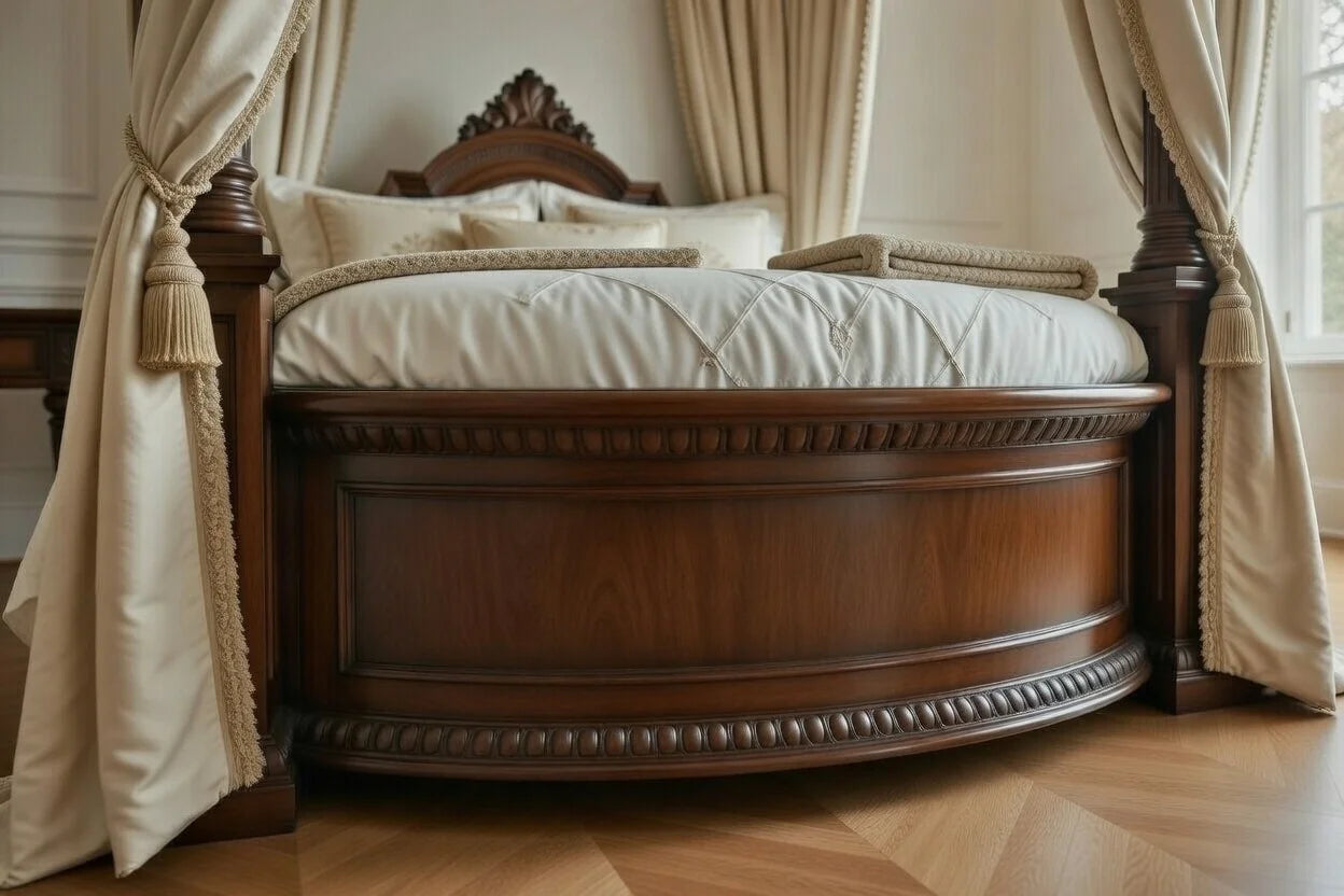 Detailed view of a solid wood circular platform bed base with decorative egg-and-dart carving .