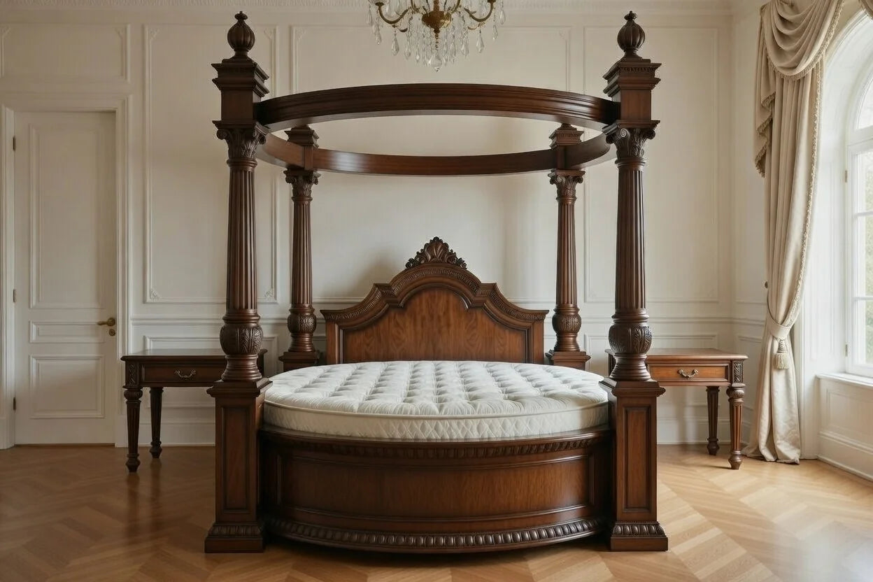 Complete luxury bedroom suite featuring an imperial round canopy bed with matching carved nightstands in a classical room.