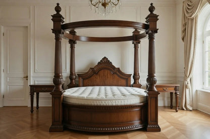 Complete luxury bedroom suite featuring an imperial round canopy bed with matching carved nightstands in a classical room.