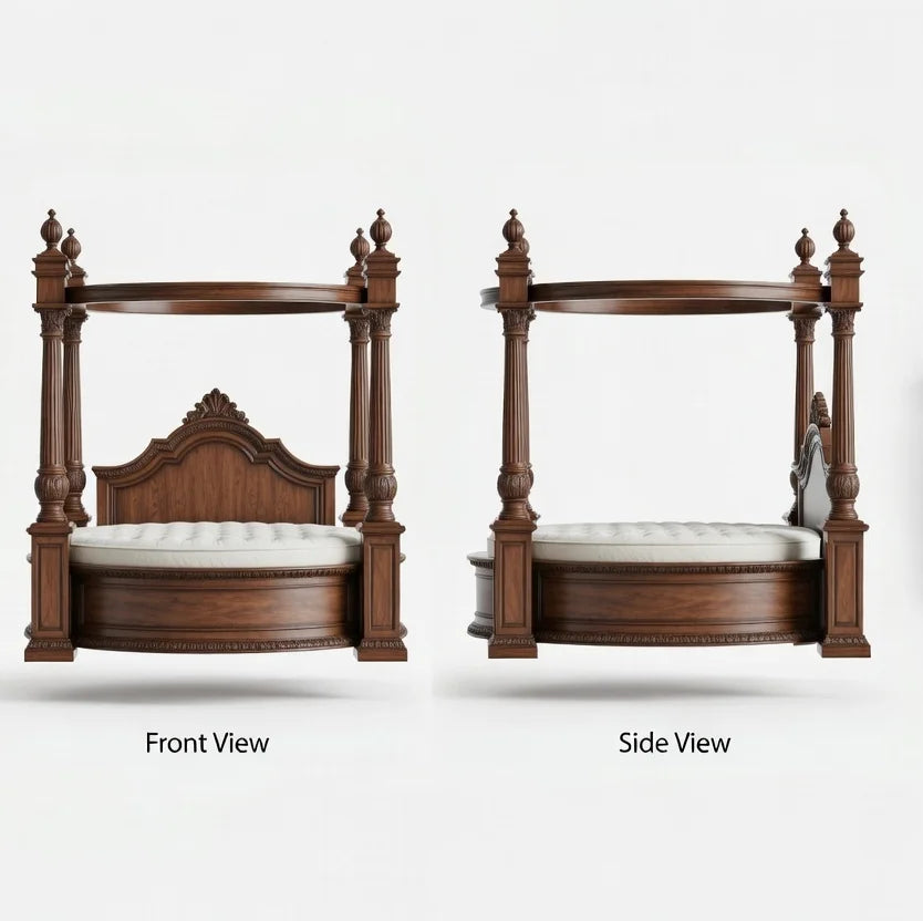 Wooden bed with intricate design shown from front and side views on a white background