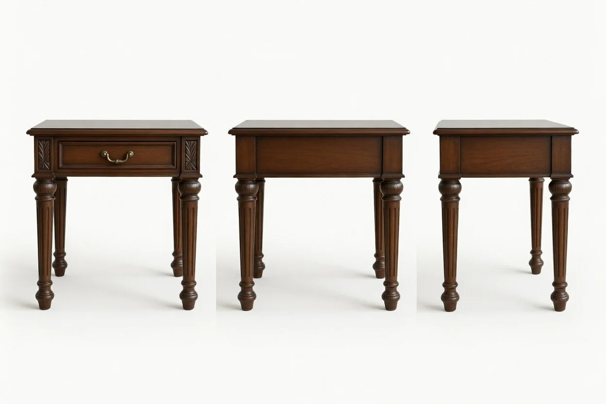 angled views of wooden side tables with a drawer on a white background