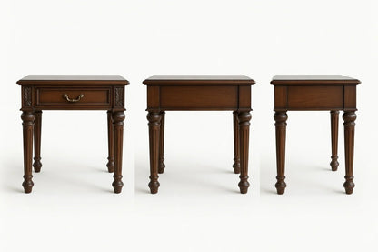 angled views of wooden side tables with a drawer on a white background