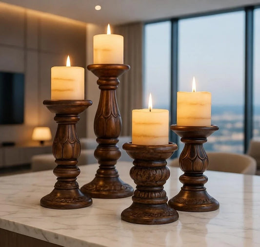 Traditional Carved Brown Wooden Pillar Candlestick Holders Set of 4 - Vintage Ornate Set