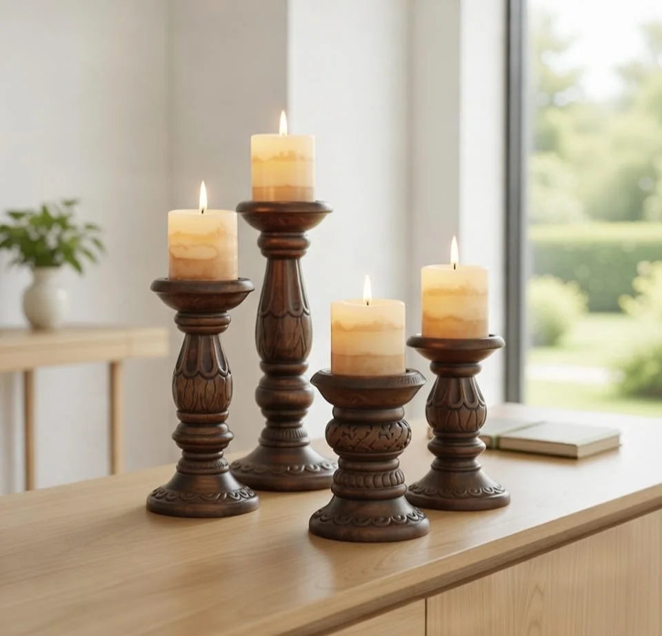 Traditional Carved Brown Wooden Pillar Candlestick Holders Set of 4 - Vintage Ornate Set