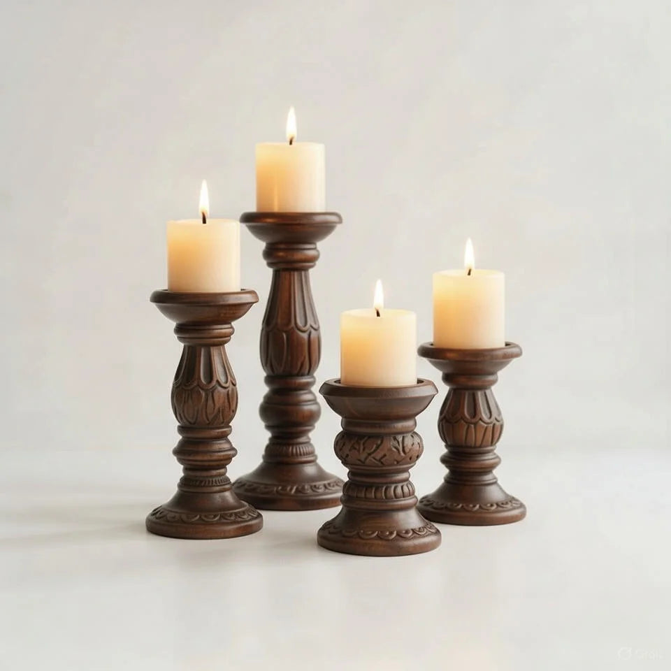 Traditional Carved Brown Wooden Pillar Candlestick Holders Set of 4 - Vintage Ornate Set