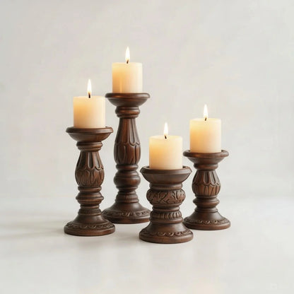 Traditional Carved Brown Wooden Pillar Candlestick Holders Set of 4 - Vintage Ornate Set