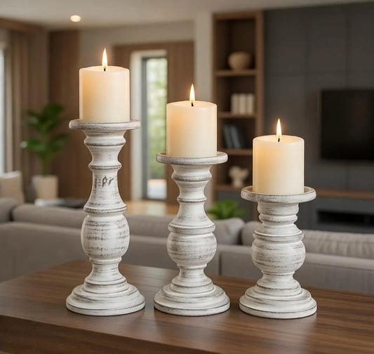 Rustic White Distressed Wooden Candstick Holders Set of 3 - Farmhouse Pillar Candlestick Decor