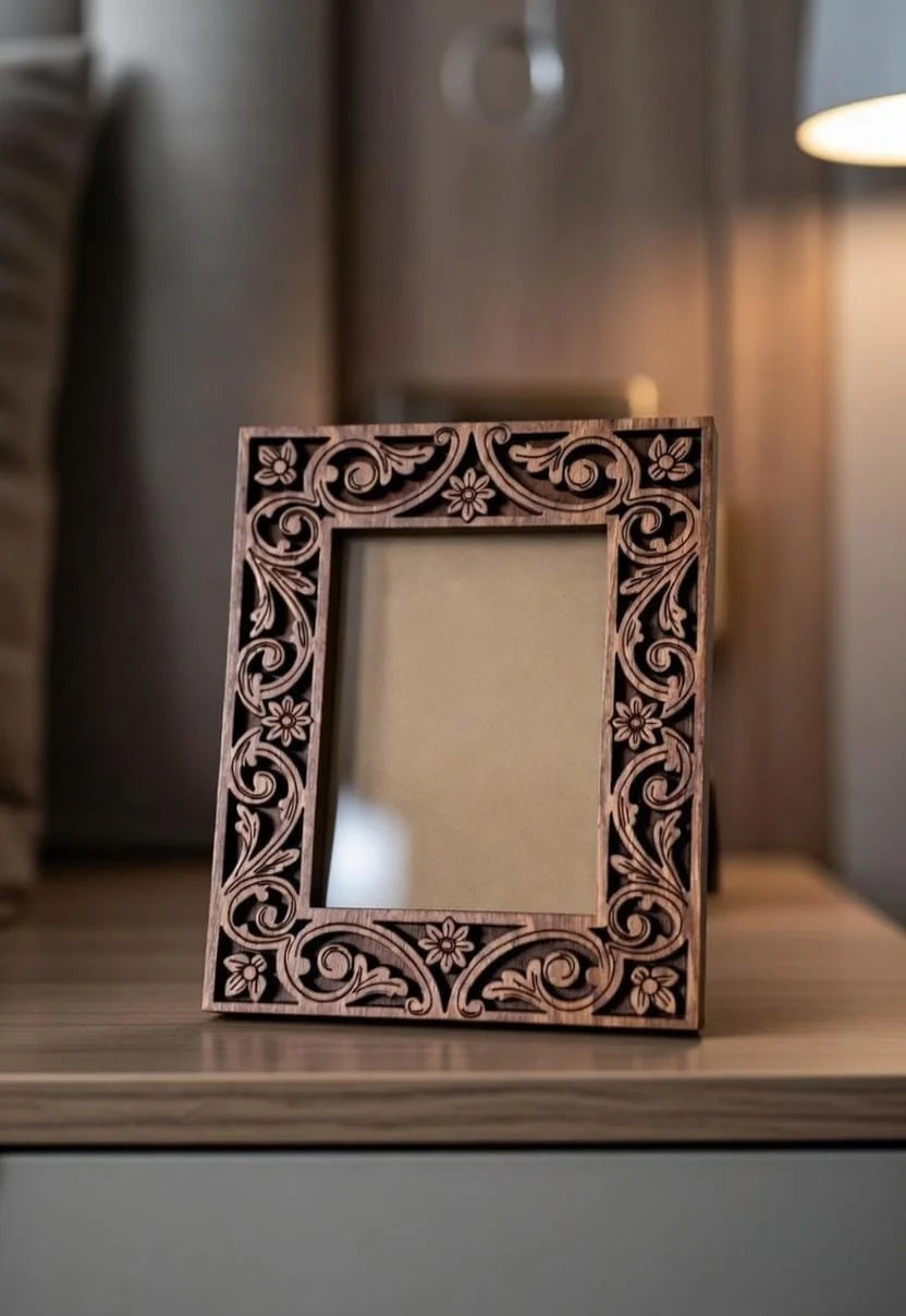 "Floriva" Hand-Carved Teak Wood Photo Frame | Openwork Floral Scroll Design | Rustic Elegant Wall & Tabletop Décor