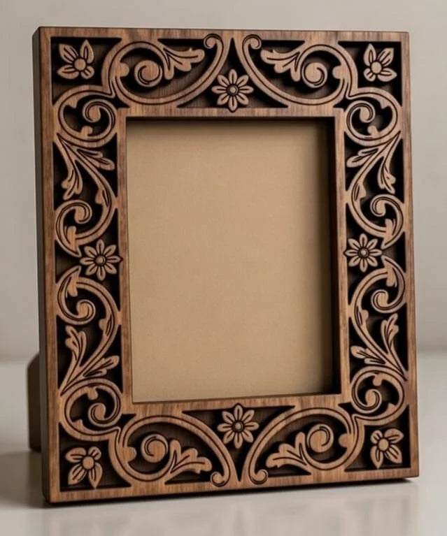 "Floriva" Hand-Carved Teak Wood Photo Frame | Openwork Floral Scroll Design | Rustic Elegant Wall & Tabletop Décor
