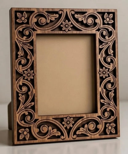"Floriva" Hand-Carved Teak Wood Photo Frame | Openwork Floral Scroll Design | Rustic Elegant Wall & Tabletop Décor