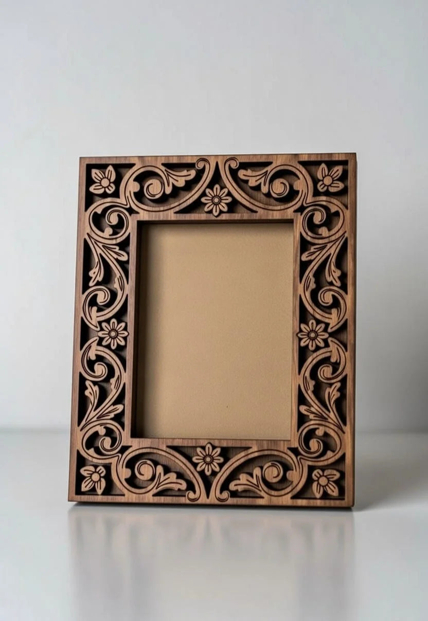 "Floriva" Hand-Carved Teak Wood Photo Frame | Openwork Floral Scroll Design | Rustic Elegant Wall & Tabletop Décor