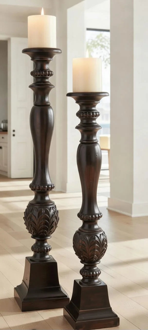 Carved Wood Pillar Candle Holders Set of 2 - Dark Brown Vintage Tall Candlesticks
