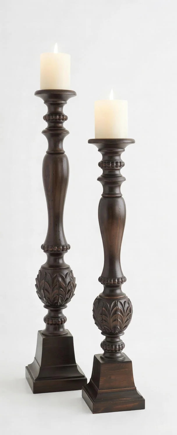 Carved Wood Pillar Candle Holders Set of 2 - Dark Brown Vintage Tall Candlesticks