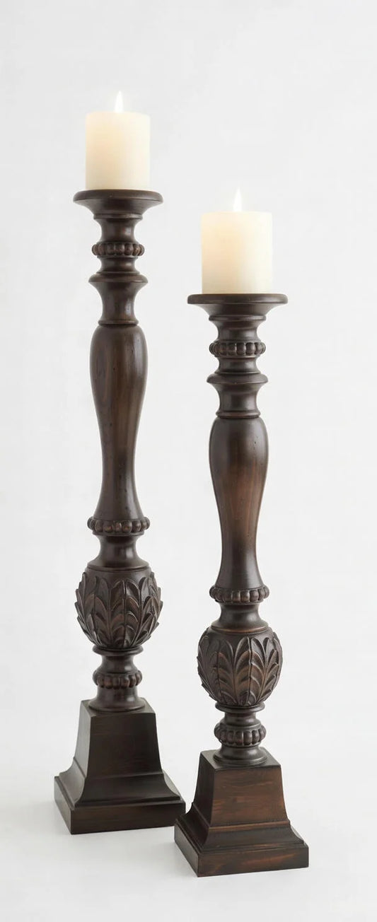 Carved Wood Pillar Candle Holders Set of 2 - Dark Brown Vintage Tall Candlesticks