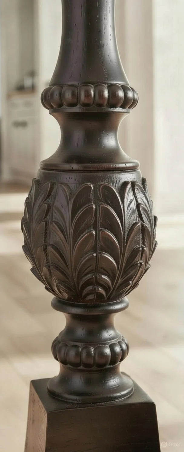 Carved Wood Pillar Candle Holders Set of 2 - Dark Brown Vintage Tall Candlesticks