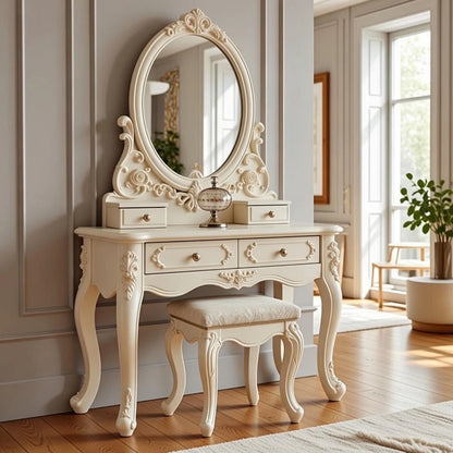 Liora Dressing Table – Luxury Ivory White Wooden Vanity with Mirror & Stool | Hand-Carved French Rococo Style | Classic Ornate Bedroom Vanity Set