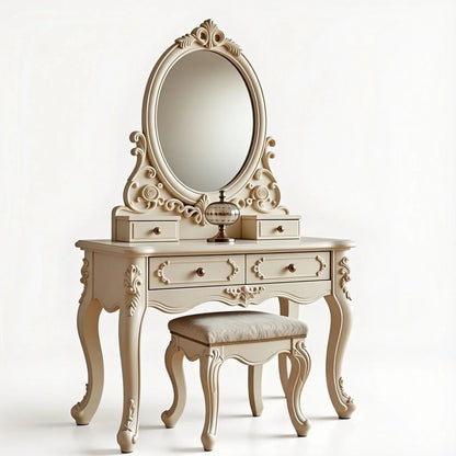 Liora Dressing Table – Luxury Ivory White Wooden Vanity with Mirror & Stool | Hand-Carved French Rococo Style | Classic Ornate Bedroom Vanity Set