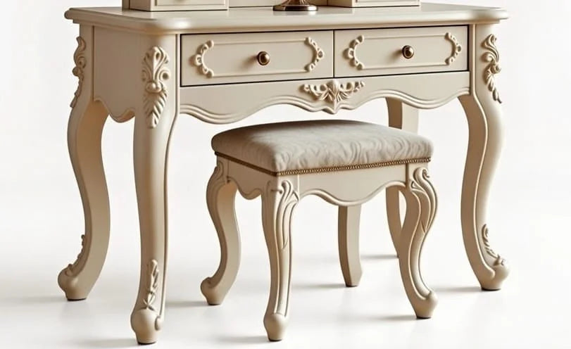 Liora Dressing Table – Luxury Ivory White Wooden Vanity with Mirror & Stool | Hand-Carved French Rococo Style | Classic Ornate Bedroom Vanity Set