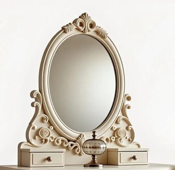 Liora Dressing Table – Luxury Ivory White Wooden Vanity with Mirror & Stool | Hand-Carved French Rococo Style | Classic Ornate Bedroom Vanity Set