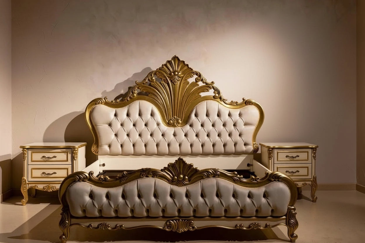 Ivory & Gold Luxury King Bedroom Suite, Hand-Carved Craftsmanship, Custom Made | Makin’ It Home