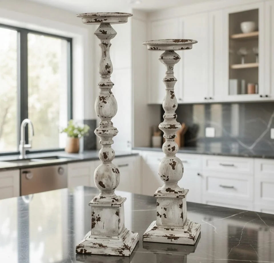 Shabby Chic Distressed White Wooden Candlestick Holders Set of 2 - Tall Farmhouse Pillar