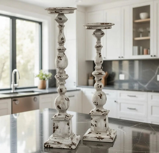 Shabby Chic Distressed White Wooden Candlestick Holders Set of 2 - Tall Farmhouse Pillar