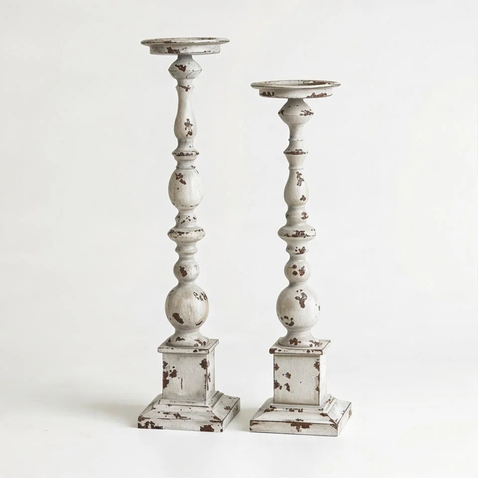 Shabby Chic Distressed White Wooden Candlestick Holders Set of 2 - Tall Farmhouse Pillar