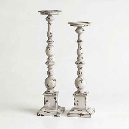 Shabby Chic Distressed White Wooden Candlestick Holders Set of 2 - Tall Farmhouse Pillar