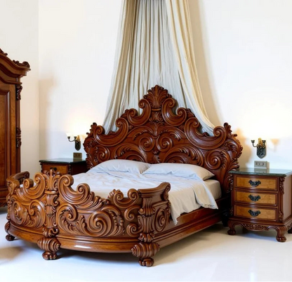 Mahogany Monarch Bed| French Rococo Style| King Size Canopy Bed | Hand Carved | Solid Mahogany Wood| Antique Royal Design