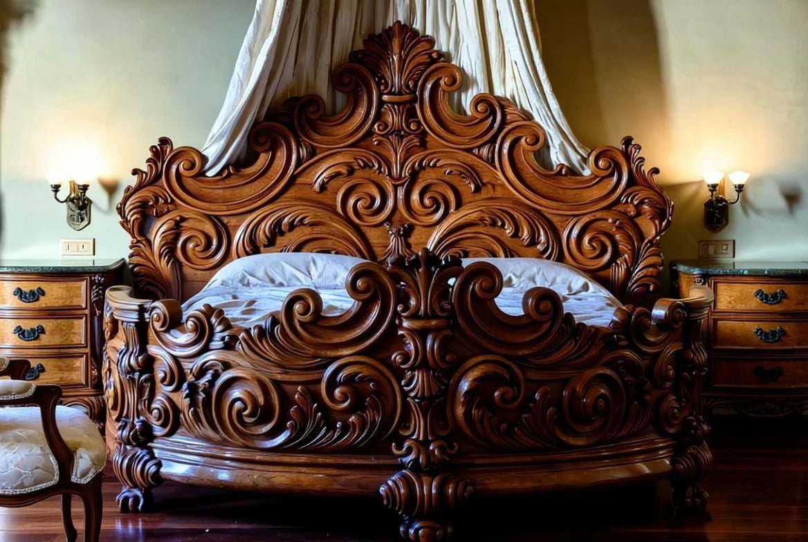 Mahogany Monarch Bed| French Rococo Style| King Size Canopy Bed | Hand Carved | Solid Mahogany Wood| Antique Royal Design