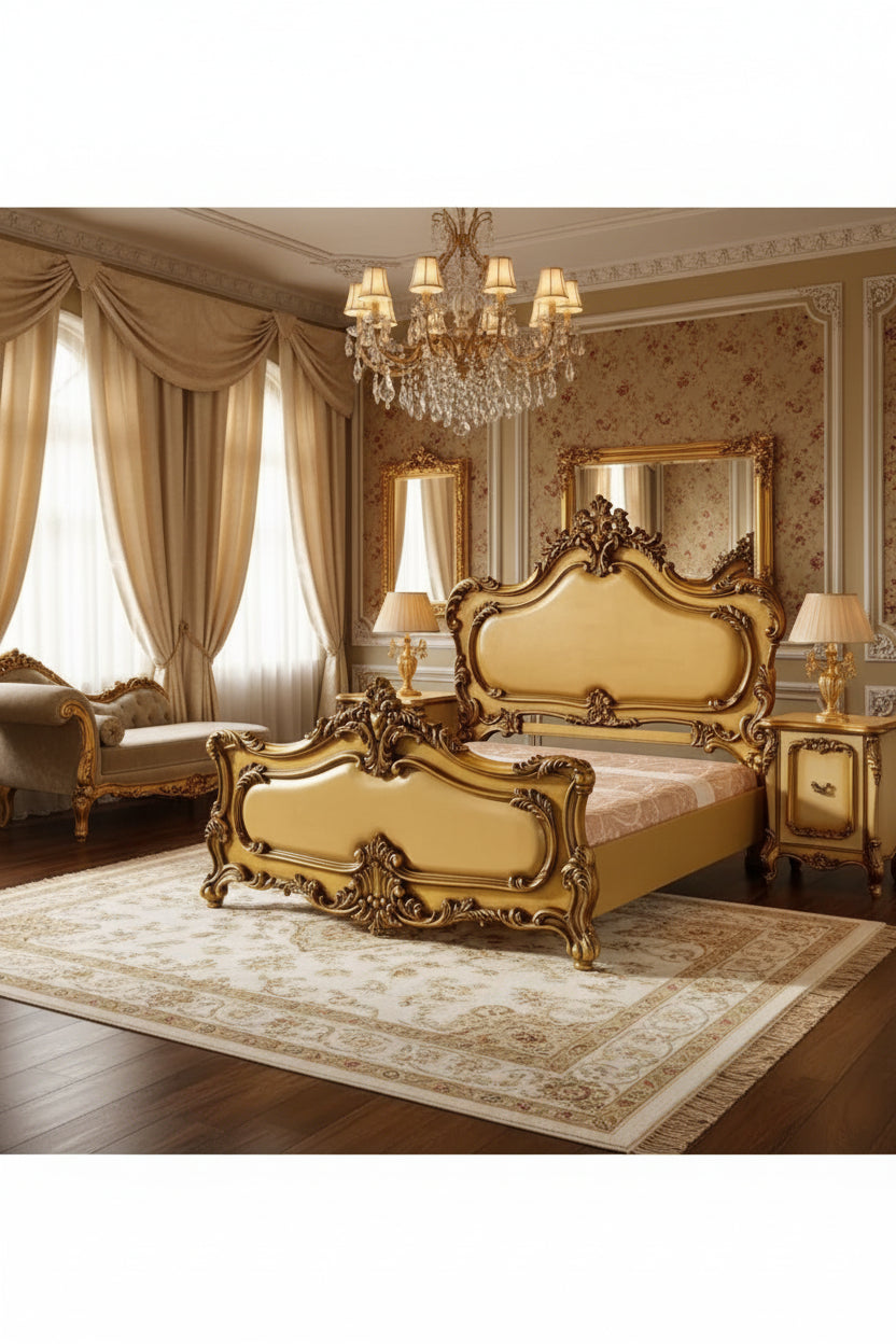Maison Royale French Rococo Style  Double Bed with Nightstands - Hand Carved | Royal Gold Antique |Solid Wood