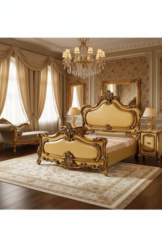 Maison Royale French Rococo Style  Double Bed with Nightstands - Hand Carved | Royal Gold Antique |Solid Wood