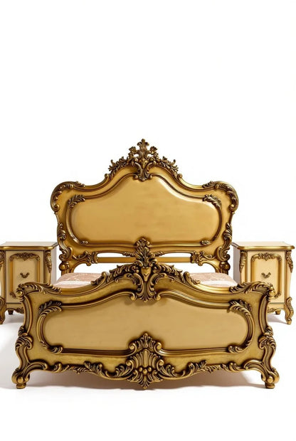 Maison Royale French Rococo Style  Double Bed with Nightstands - Hand Carved | Royal Gold Antique |Solid Wood
