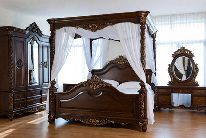 Grand Four-Poster Canopy King Bed | Hand-Carved Solid Wood Bedroom Set, Custom Made | The Sovereign Collection