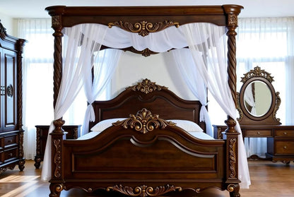 Grand Four-Poster Canopy King Bed | Hand-Carved Solid Wood Bedroom Set, Custom Made | The Sovereign Collection