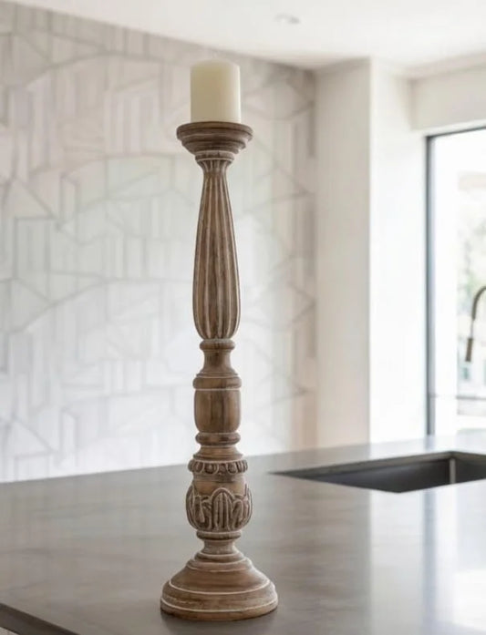 Natural Wood Handcarved Candlestick Holder - Rustic Fluted Farmhouse Stand